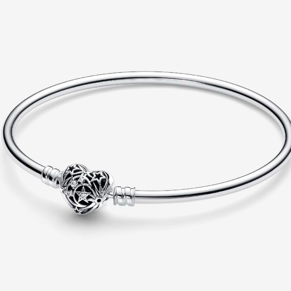 New 100% Authentic PANDORA 925 Silver Celestial Heart Bangle Bracelet - Picture 2 of 9